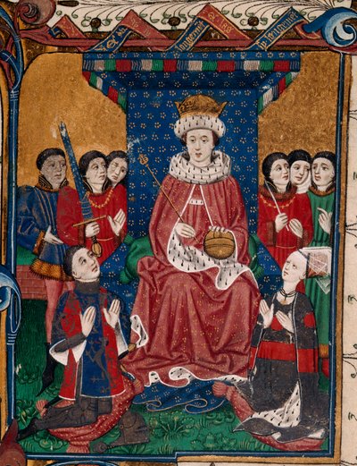 Royal 18 D. II fol.6、ウィリアム・ハーバート卿とその妻、アン・デヴァルーが紋章で飾られた服を着て廷臣に囲まれ、彼の前にひざまずくエドワード4世王（本1） 作： English School