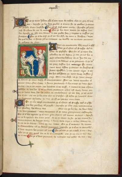Royal 19 B.XV、f.3 ジョンが座って書いています。 机の後ろに立つ天使、「クイーン メアリー アポカリプス」より、英語学校 (14 世紀) 作： English School