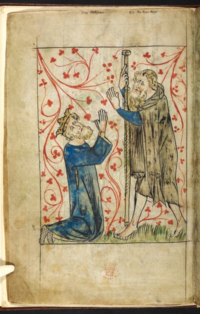 Royal 20 A.II、f.4v Athelstan と Guy of Warwick、Peter de Langtoft (vellum) 作「The Chronicle of England」より 作： English School