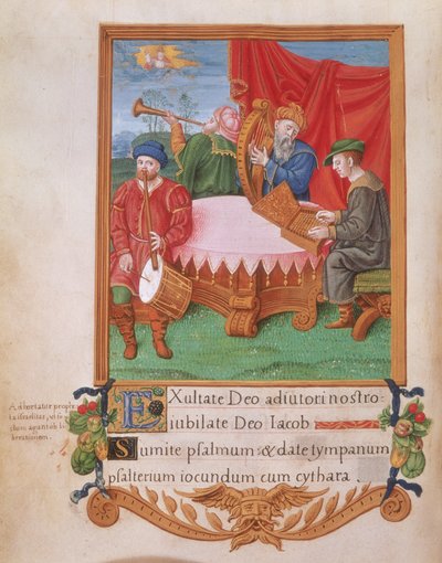 Royal 2 A.XVI fol.98vチューダーのミュージシャン、ヘンリー8世の詩篇、1530-47年頃（ベラム） 作： English School