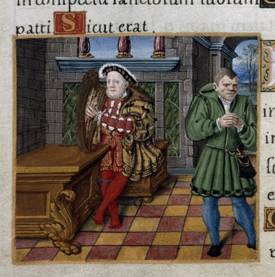Royal 2 A. XVI, f.63v Henry VIII with a Harp and his jester, William Somers, Psalm 52, from the 
