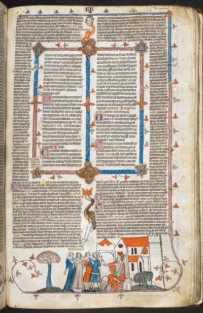 ロイヤル MS 10 IV f.240r 宮殿を守る王と周辺装飾、「Smithfield Decretals」のイラスト (ベラム) 作： English School