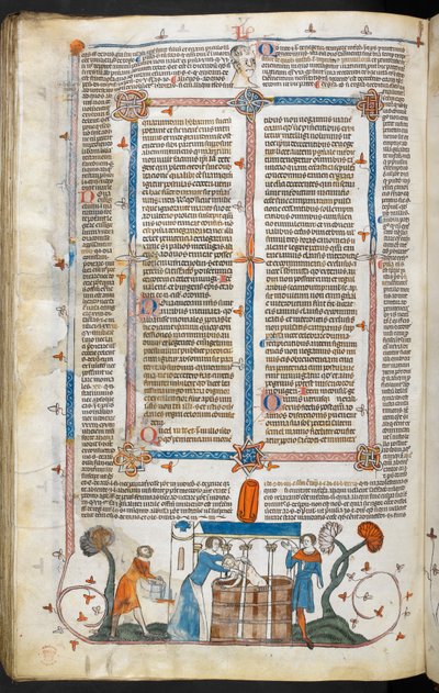 ロイヤル MS 10 IV f.297v ペスト犠牲者の入浴と限界装飾、「The Smithfield Decretals」のイラスト (ベラム) 作： English School