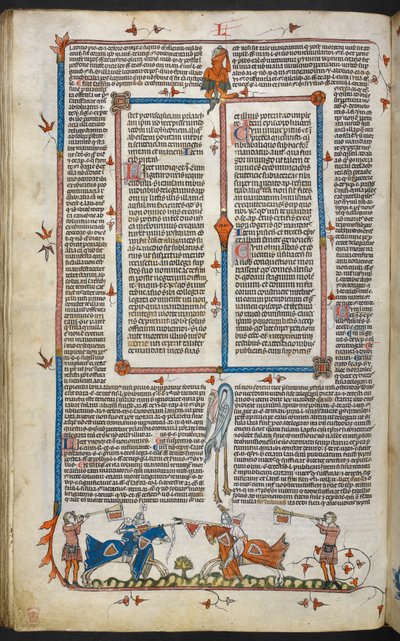 Royal MS 10 iv f.065v Knights Jousting with marginal decoration, illustration from the 