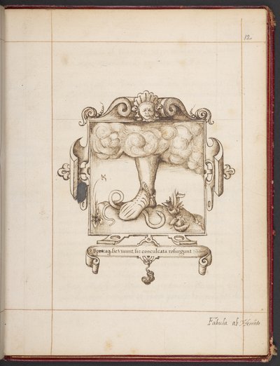 ロイヤル MS 18 A XLVIII, fol. 12r、George Gascoine の Hemetes the Hermit のプレゼンテーション コピーからのラテン語のモットーのエンブレム 作： English School