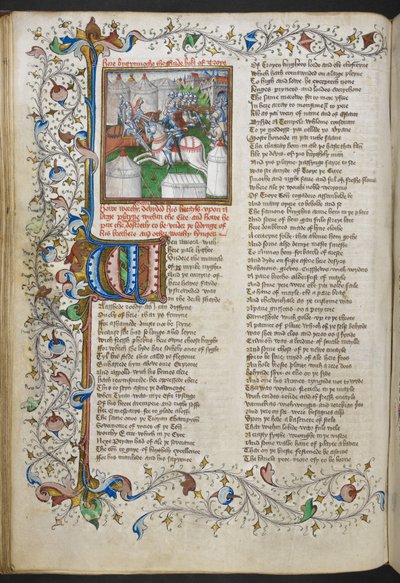 ロイヤル MS 18 D II、f.66v、パトロクルスを殺すヘクターのミニチュア、点灯したイニシャル「W」(鶏) と部分的な葉状の縁取り、ジョン リドゲイト作『トロイ ブック』、1457～60 年頃 (ベラム) 作： English School