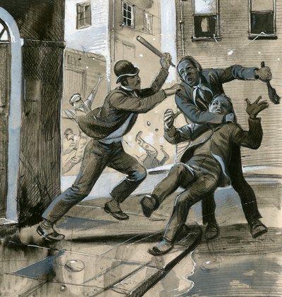 1882年、私服警官として「インヴィンシブルズ」に対抗するダブリン警察を支援する英国海兵隊員たち 作： English School