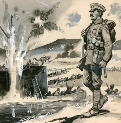 1915年にダーダネルス島に水陸両用着陸したロイヤルマリーン 作： English School