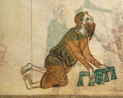 Royal Ms 13 B VIII fol.30v ジェラルド・オブ・ウェールズの「トポグラフィア・ハイベルニカ」より、膝を這う体の不自由な男性 作： English School