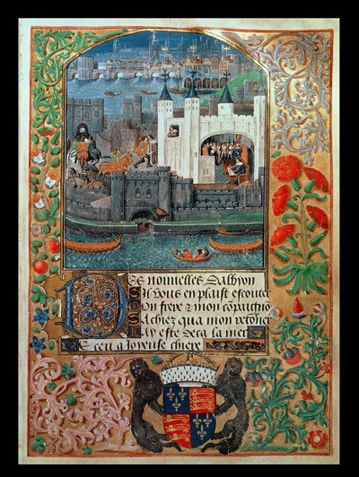 Royal Ms 16 F II、f.73：ロンドン塔と船積み、1500年頃のチャールズ公爵の詩から、オルレアン公チャールズが塔に座って書かれています（ベラム） 作： English School