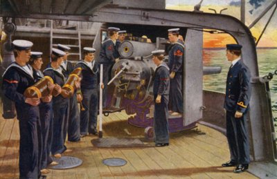王立海軍兵舎、チャタム: 艦隊と共に、6 インチ砲での砲兵の掘削 (カラー リソ) 作： English School