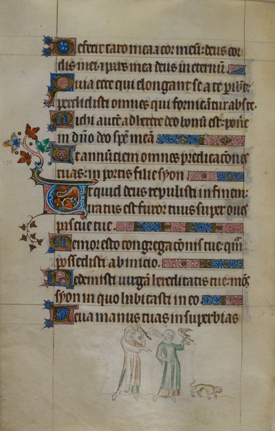Royal ms 2_B VII f.177v 鷹を運ぶ 2 人の女性とその前に小さな犬がいるページのベース シーン、居住されたイニシャル、「Queen Mary Psalter」のイラスト 作： English School