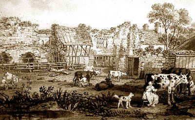 乳搾りをする牛がいる廃墟のマナーハウス、1800年頃（紙にペン、セピアインク） 作： English School