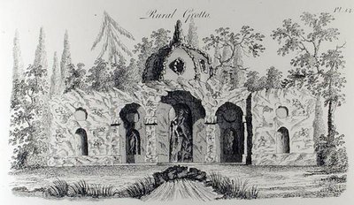田舎の石窟、ウィリアム・ライト著「グロテスクな建築または田舎の娯楽」より（1767-90年頃に出版されたエングレーヴィング）（モノクロ写真 作： English School