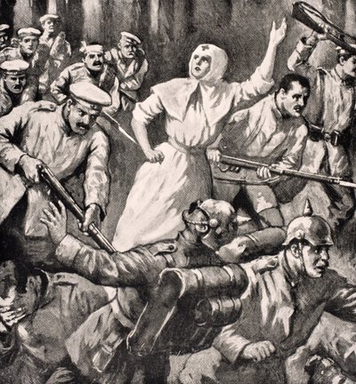 1916年にロンドンで出版された「The War Illustrated Album deLuxe」から、1915年にドイツ人に対して男性を率いるロシアの看護師ミラミクサイロビッチイヴァノフ 作： English School