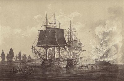 1808年8月26日、バルト海でThomas Byam Martin艦長が指揮するスウェーデン海軍付属のHMS Implacableとの戦いの後、ロシア艦隊の前で破壊されたロシア船Vsevolod(litho) 作： English School