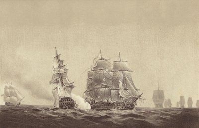 1808年8月26日、バルト海でスウェーデン海軍所属、トーマス・バイアム・マーティン艦長指揮のHMSインプラカブルに船籍を示すロシア船ヴセヴォロド（リトグラフ）。 作： English School