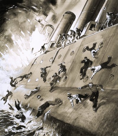 1915年にクロマーティファースで発砲したHMSナタールを脱出した船員 作： English School