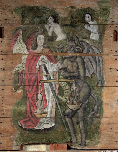 ウェンハストンドゥームの聖ミカエルと悪魔、1500〜20年頃（塗装済み木材） 作： English School