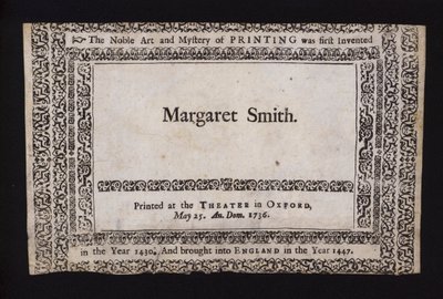 1736年5月25日、オックスフォードのシェルドニアン・シアターで行われた印刷の見本（エングレーヴィング 作： English School