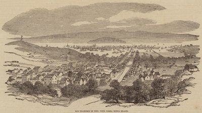 1851年のサンフランシスコ、イエルバ・ブエナ島とともに（エングレーヴィング） 作： English School