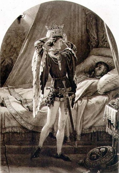 ウィリアム・シェイクスピア（1564-1616）の「ヘンリー4世（第1部）」第4幕第2場のシーン（彫刻）。 作： English School