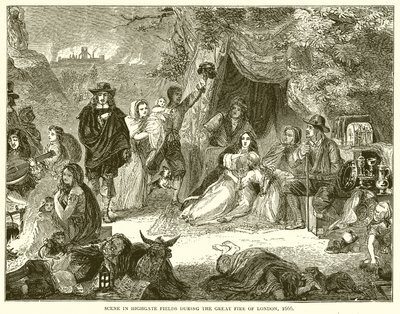 ロンドンの大火、1666年のハイゲートフィールズのシーン 作： English School