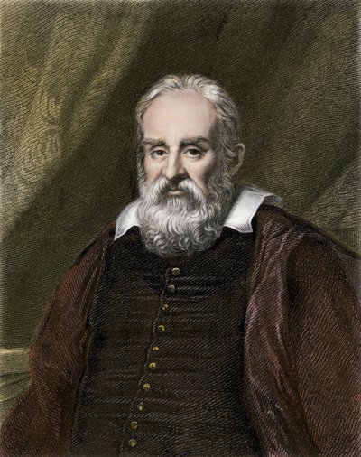 科学と科学者：イタリアの天文学者ガリレオ・ガリレイ（1564-1642）の肖像。カラー版画。 作： English School