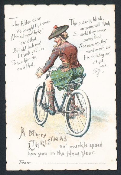 自転車、クリスマスカードのスコッツマン 作： English School