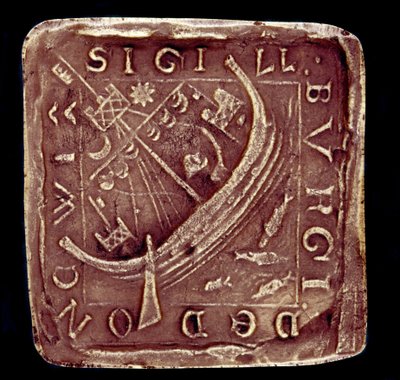 サフォーク州のダニッチ市のシール。荒れた海に船が描かれているが、これは1286年と1347年に都市の一部を破壊した嵐を暗示していると思われる。14世紀。パリ、国立公文書館 作： English School