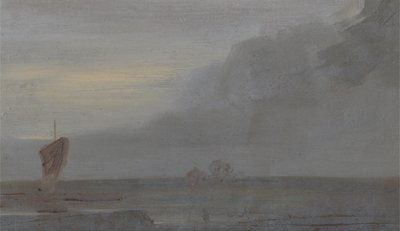 ボートのある海船：夕方、以前はJMWターナー（1775-1851）に、またピータードウィント（1784-1849）、1810-20（紙に油彩）に帰属 作： English School