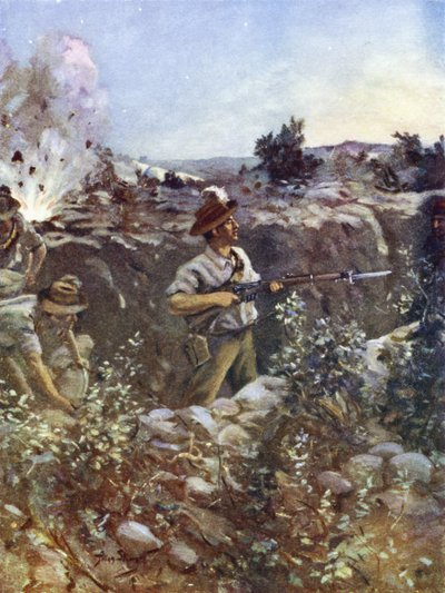 1915年8月29日、ガリポリの丘60、ヒル60、敵の反撃に対して、捕獲されたトルコの塹壕の一部を保持しているヒューゴスロッセル中尉 作： English School