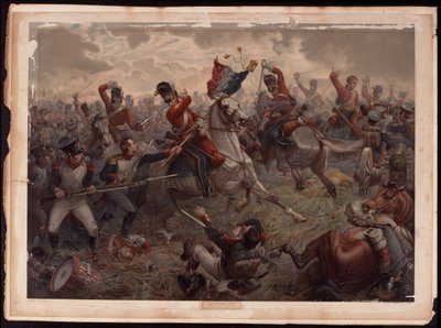 1815年6月18日、ウォータールーの戦いでスコッツグレイの担当中にフランスの色を捕らえたエバート軍曹、1908年頃 作： English School