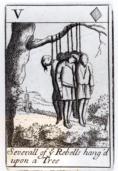 1685年にモンマスの反乱を記念したセットからのハートのトランプ5枚、木からぶら下がった数人の反逆者 作： English School