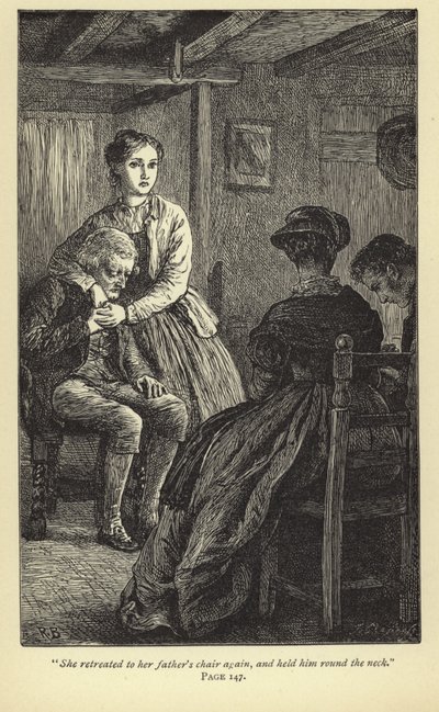 彼女は再び父親の椅子に後退し、彼を首に抱いた 作： English School