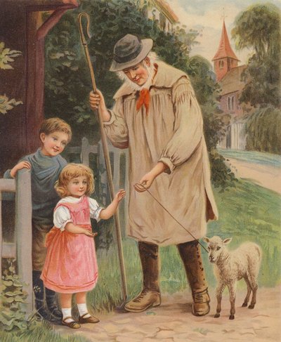 少女に子羊の手綱を渡す羊飼い（クロモリト） 作： English School