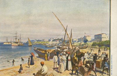 タンザニア、ダルエスサラームの海岸に浮かぶ船（カラーリトグラフ 作： English School