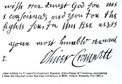 手書きの手紙から下院議長のLenthallへのオリバークロムウェル（1599-1658）の署名（紙にペンとインク） 作： English School