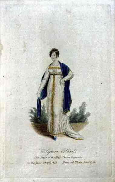 シニョーラ・コリーニ（b.1784）、1809年と1810年のヘイマーケットにあるキングズ・シアターのファースト・シンガー（カラー・エングレーヴィング） 作： English School