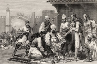 1858年に発行された「インドの反乱の歴史」から、反逆者から取った略奪品を分割するシーク軍 作： English School