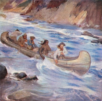 フレーザー川の急流を撮影するサイモン・フレーザー（カラーリトグラフ） 作： English School