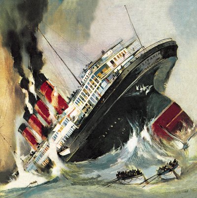 1915年5月、ルシタニア号沈没（リトグラフ） 作： English School