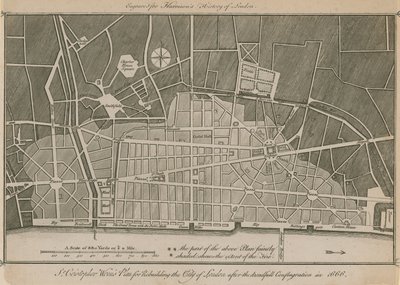1666年の恐ろしい大火の後、クリストファーレンズ卿がロンドン市の再建を計画 作： English School