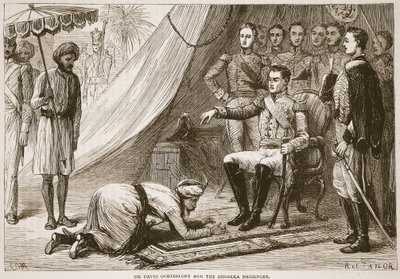 David Ochterlony卿とGhoorkaメッセンジャー、Pass James GrantによるCassells Illustrated History of Indiaのイラスト。 1879 作： English School