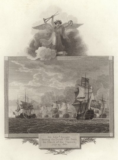 1667年7月23日、テムズ河口からオランダ艦隊を強制するEdwd Spragge卿 作： English School