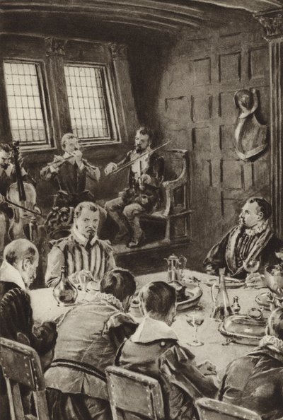 フランシスドレイク卿、ザゴールデンハインドでバイオリンの音を聴きながら食事 作： English School