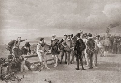 Sir Francis Drake jogando boliche, com a Armada Espanhola à vista em Plymouth Hoe, Inglaterra, em 1588. 作： English School