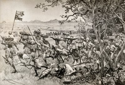 ヘンリー・モートン・スタンレー卿とその部下たちは、1887年、アフリカのエミン・パシャ救済遠征で、ようやく森から草原に姿を現した。 作： English School