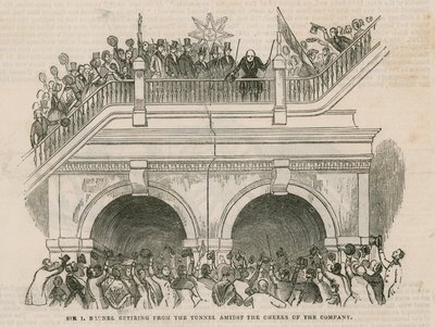 会社の歓声のなかでトンネルから引退するIsambard Brunel卿 作： English School