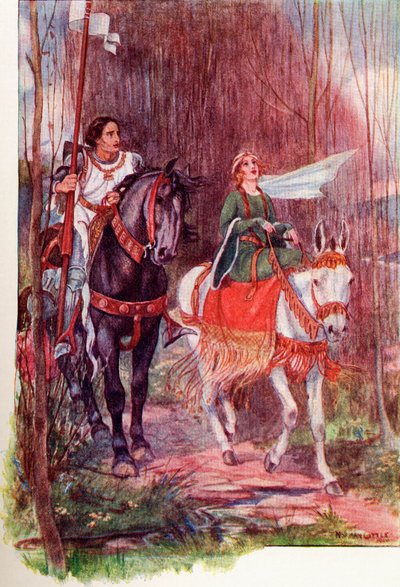 ランスロット卿とグィネビア王妃。1910年に出版された『The Gateway to Tennyson』からのカラーイラスト。 作： English School